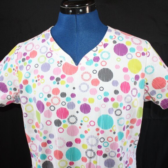 UA Scrubs Women's 4-Pocket V-Neck Scrub Top Multicolor Circles Size XS UA879 - Picture 2 of 10